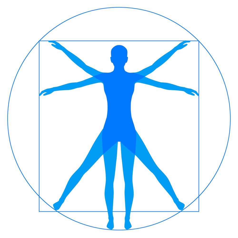 Stylised human figure inscribed in a circle and a square.